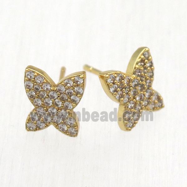 copper butterfly Stud Earrings pave zircon, gold plated