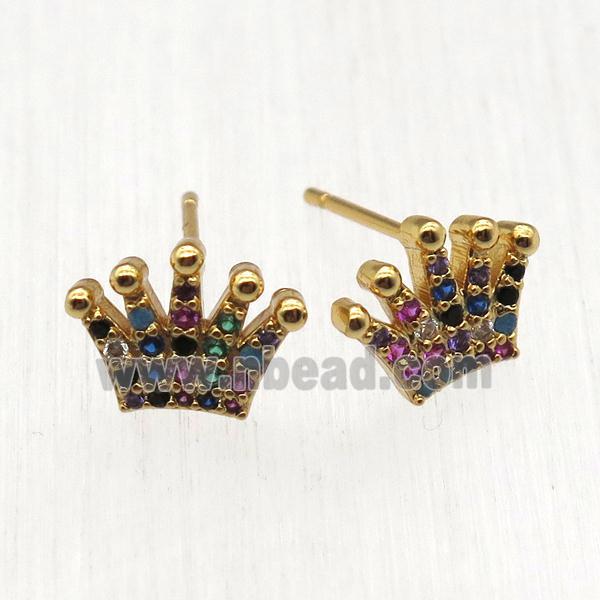 copper crown Stud Earrings pave zircon, gold plated