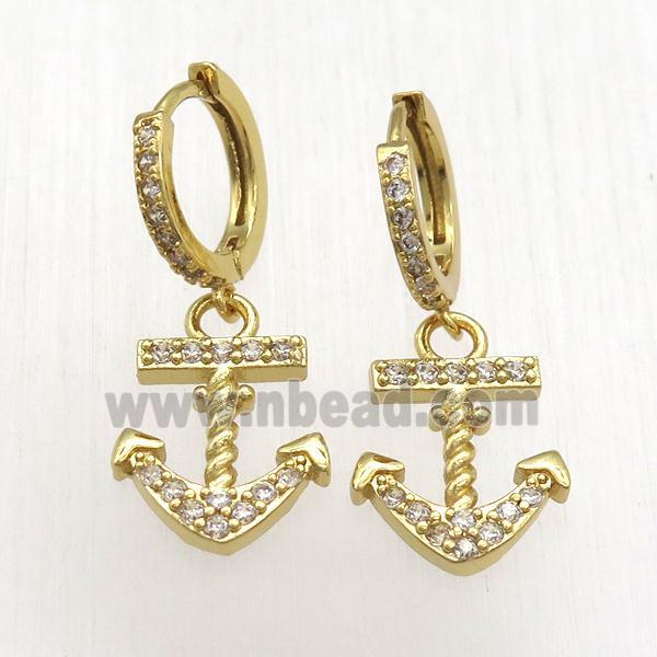 copper anchor Hoop Earrings pave zircon, gold plated
