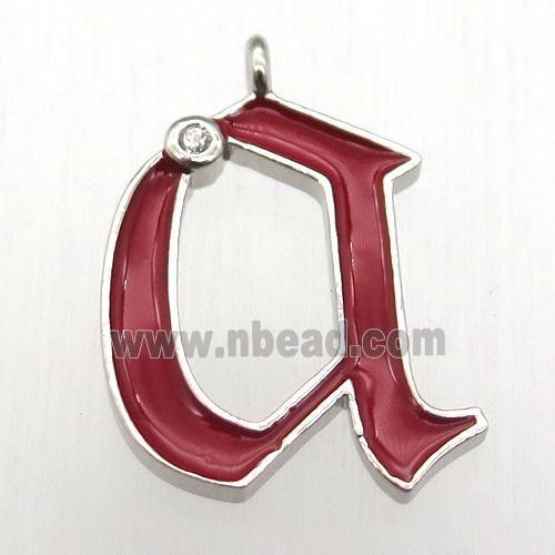 copper letter-A pendant pave zircon, red Enameling, platinum plated