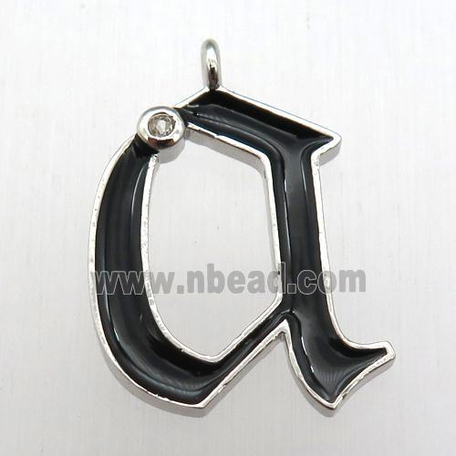 copper letter-A pendant pave zircon, black Enameling, platinum plated
