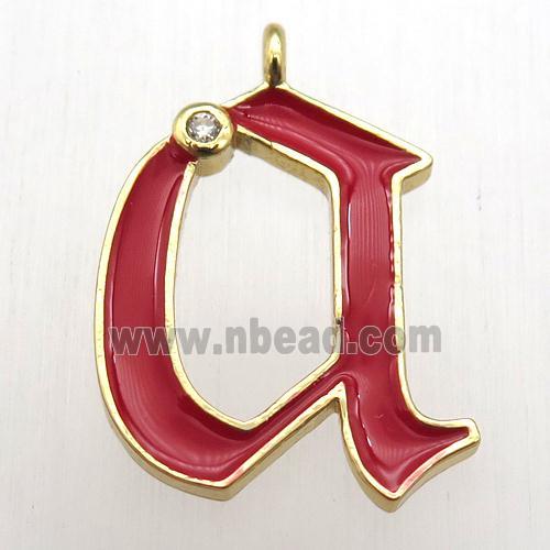 copper letter-A pendant pave zircon, red Enameling, gold plated