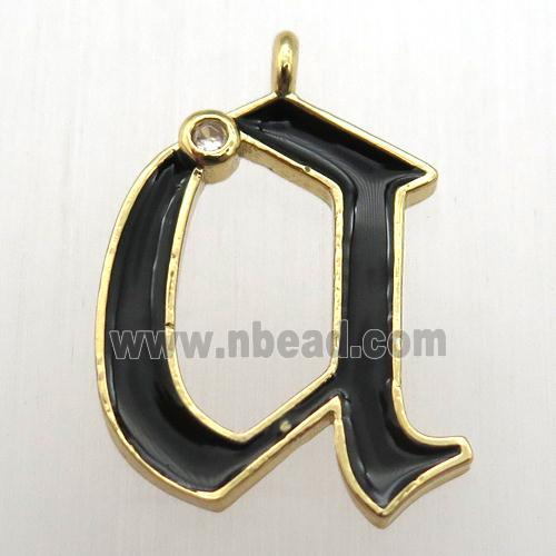 copper letter-A pendant pave zircon, black Enameling, gold plated
