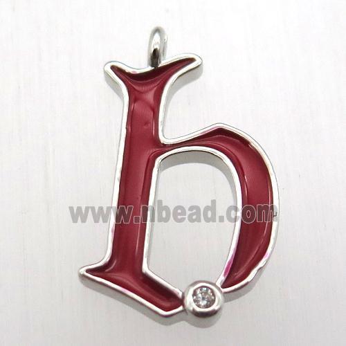 copper letter-B pendant pave zircon, red Enameling, platinum plated