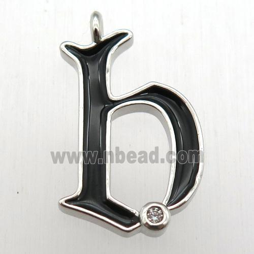 copper letter-B pendant pave zircon, black Enameling, platinum plated