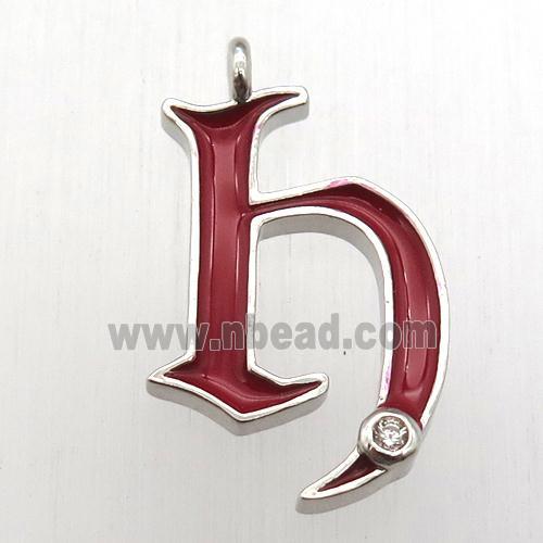 copper letter-H pendant pave zircon, red Enameling, platinum plated