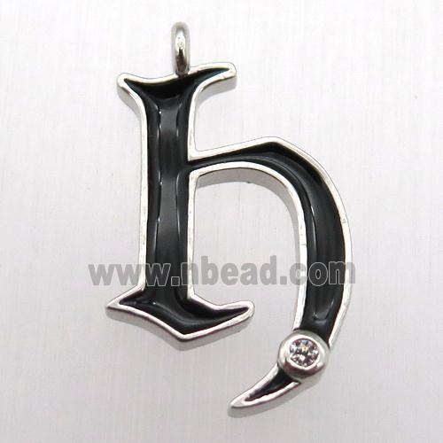 copper letter-H pendant pave zircon, black Enameling, platinum plated