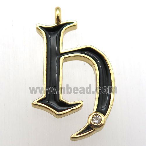 copper letter-H pendant pave zircon, black Enameling, gold plated
