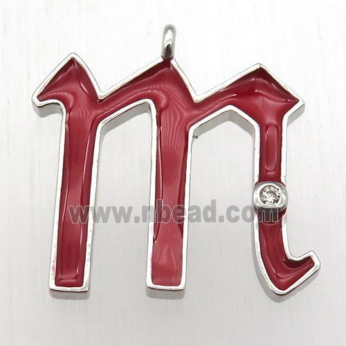 copper letter-M pendant pave zircon, red Enameling, platinum plated