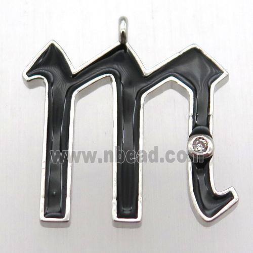 copper letter-M pendant pave zircon, black Enameling, platinum plated