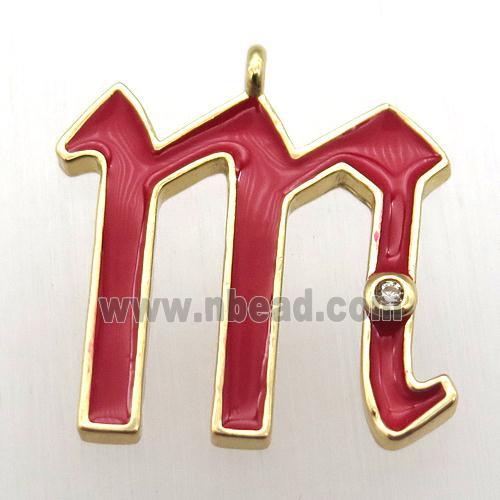 copper letter-M pendant pave zircon, red Enameling, gold plated