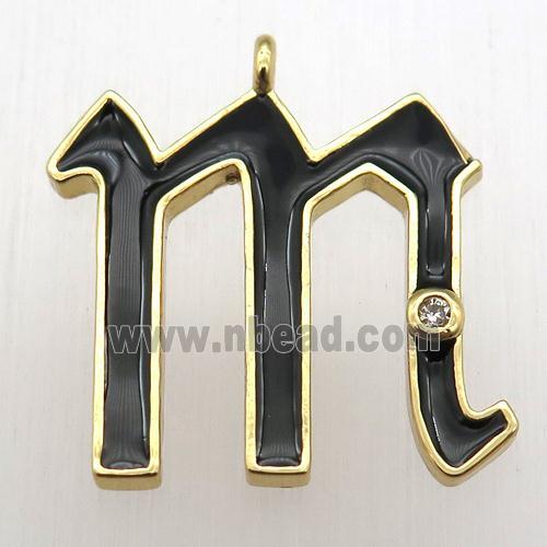 copper letter-M pendant pave zircon, black Enameling, gold plated