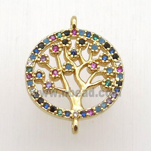copper connector paved zircon, tree of life, gold plated