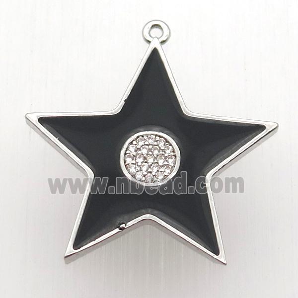 copper star pendant paved zircon, black enameling, platinum plated