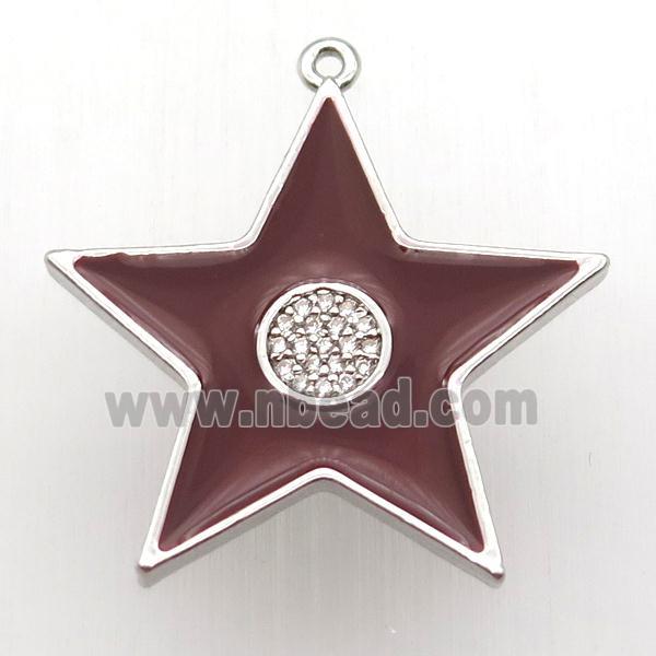 copper star pendant paved zircon, red enameling, platinum plated