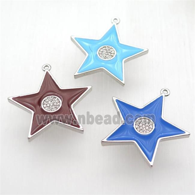 copper star pendant paved zircon, enameling, platinum plated, mixed