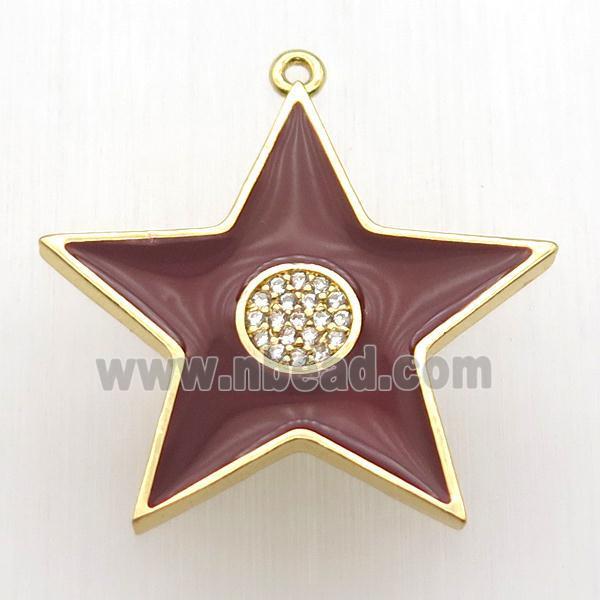 copper star pendant paved zircon, red enameling, gold plated