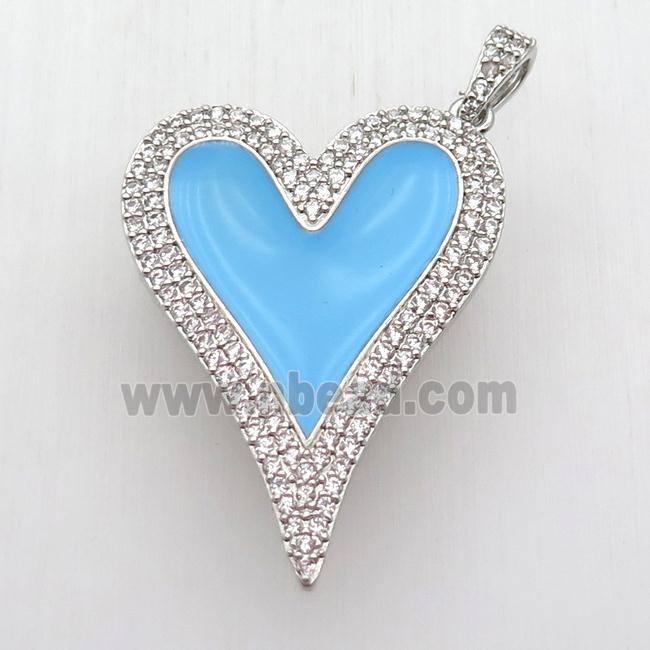 copper heart pendant paved zircon, blue enameling, platinum plated