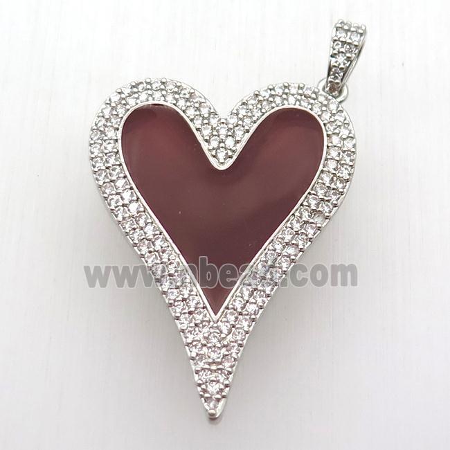 copper heart pendant paved zircon, red enameling, platinum plated