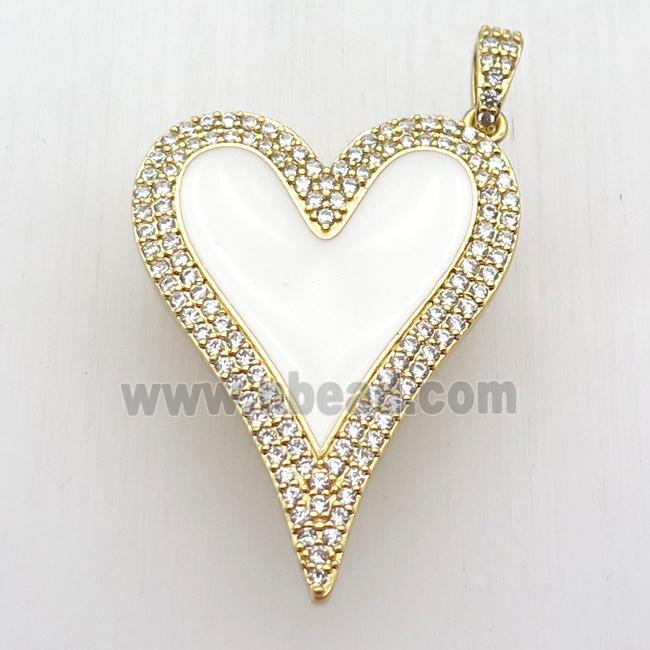 copper heart pendant paved zircon, white enameling, gold plated