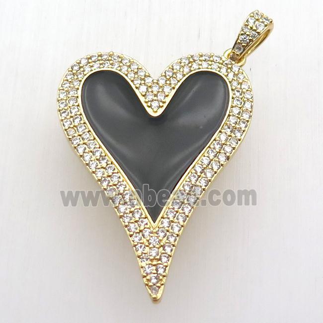 copper heart pendant paved zircon, black enameling, gold plated