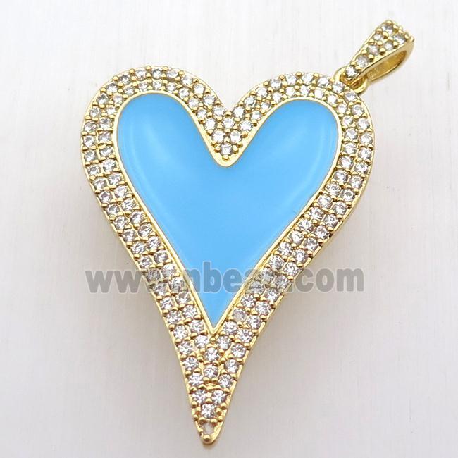 copper heart pendant paved zircon, blue enameling, gold plated