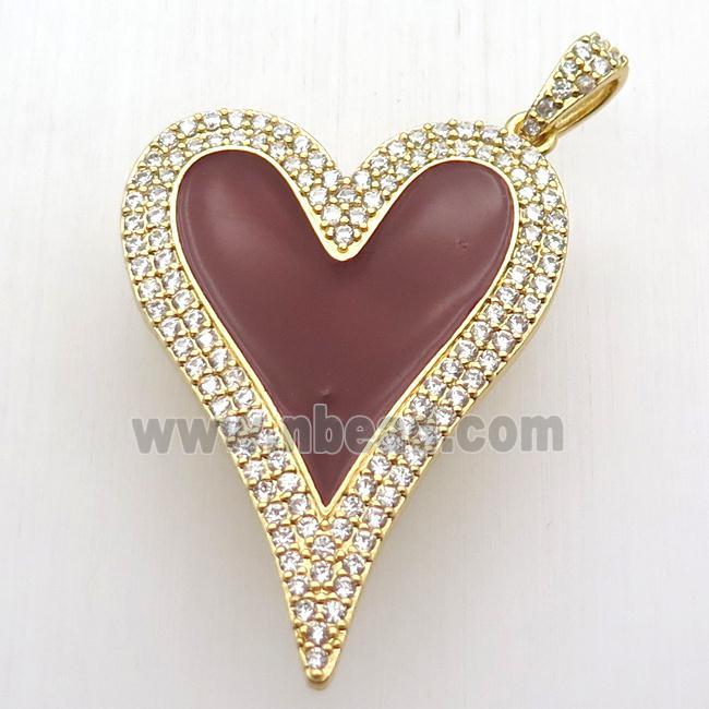 copper heart pendant paved zircon, red enameling, gold plated