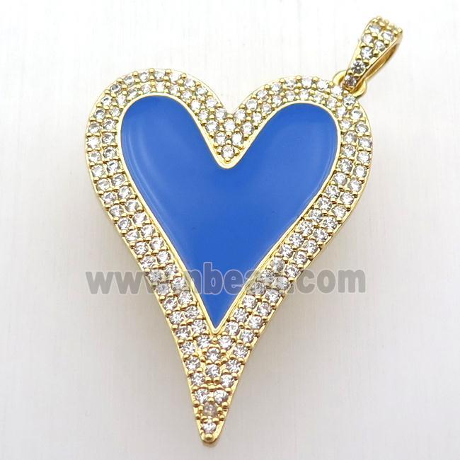 copper heart pendant paved zircon, blue enameling, gold plated