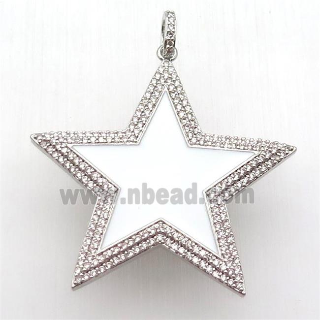 copper star pendant paved zircon, white enameling, platinum plated