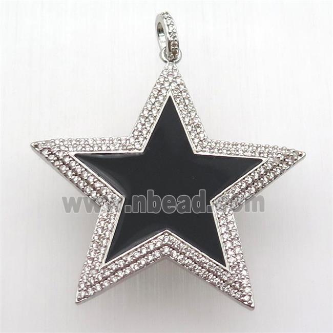 copper star pendant paved zircon, black enameling, platinum plated