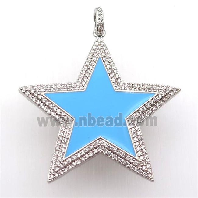 copper star pendant paved zircon, blue enameling, platinum plated