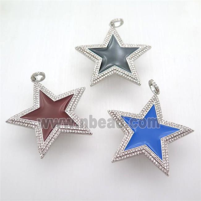 copper star pendant paved zircon, enameling, platinum plated, mixed
