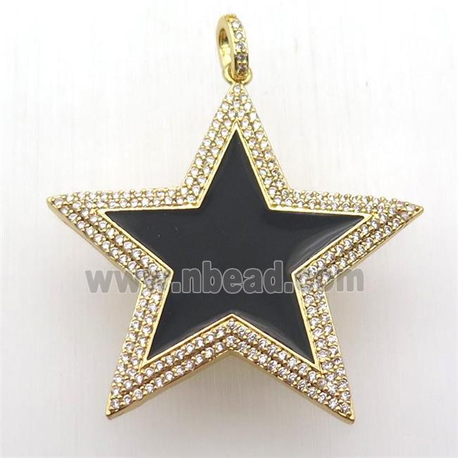 copper star pendant paved zircon, black enameling, gold plated