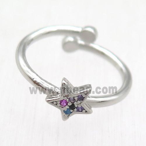 copper Ring paved zircon, resizable, star, platinum plated