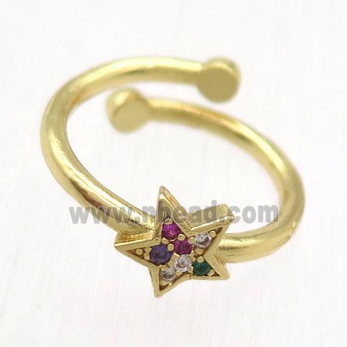 copper Ring paved zircon, resizable, star, gold plated