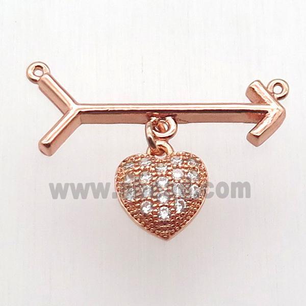 copper arrow pendant, heart, rose gold