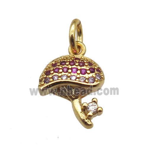 copper Mushrooms pendant paved zircon, gold plated