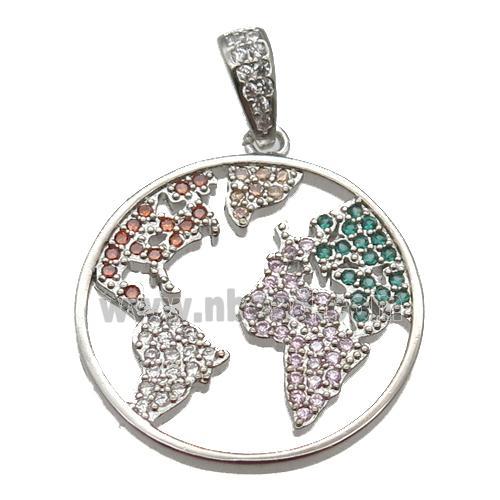 copper worlds-map pendant paved zircon, platinum plated