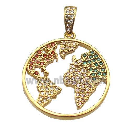 copper worlds-map pendant paved zircon, gold plated