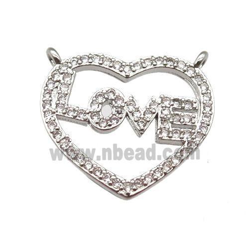 copper LOVE heart pendant paved zircon with 2loops, platinum plated