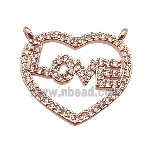 copper LOVE heart pendant paved zircon with 2loops, rose gold
