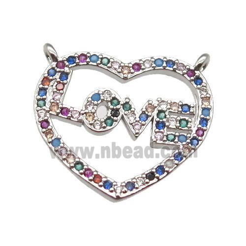 copper LOVE heart pendant paved zircon with 2loops, platinum plated