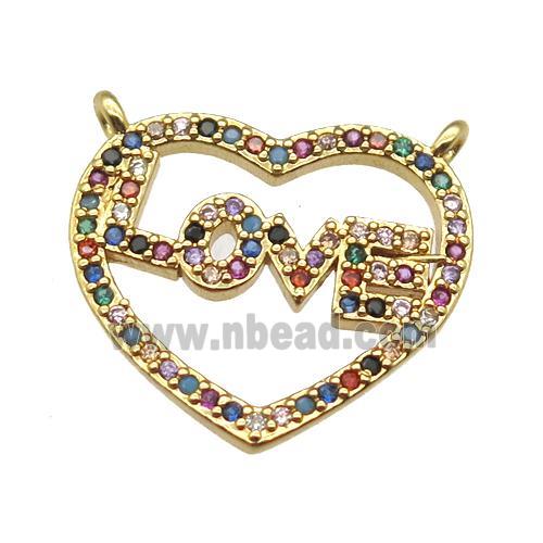 copper LOVE heart pendant paved zircon with 2loops, gold plated