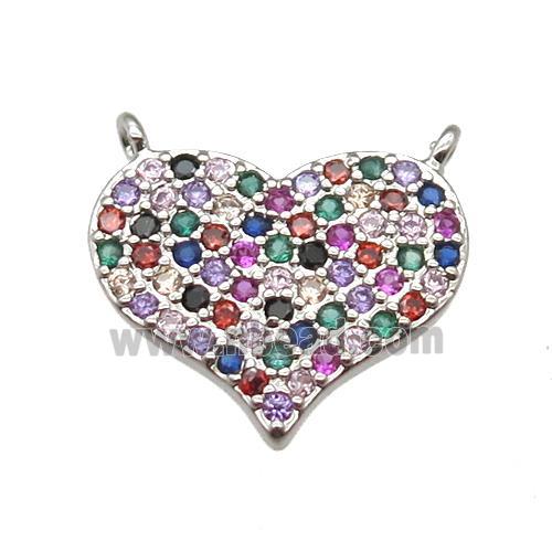 copper heart pendant paved zircon with 2loops, platinum plated