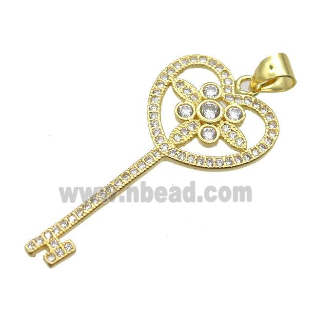 copper Key charm pendant pave zircon, gold plated