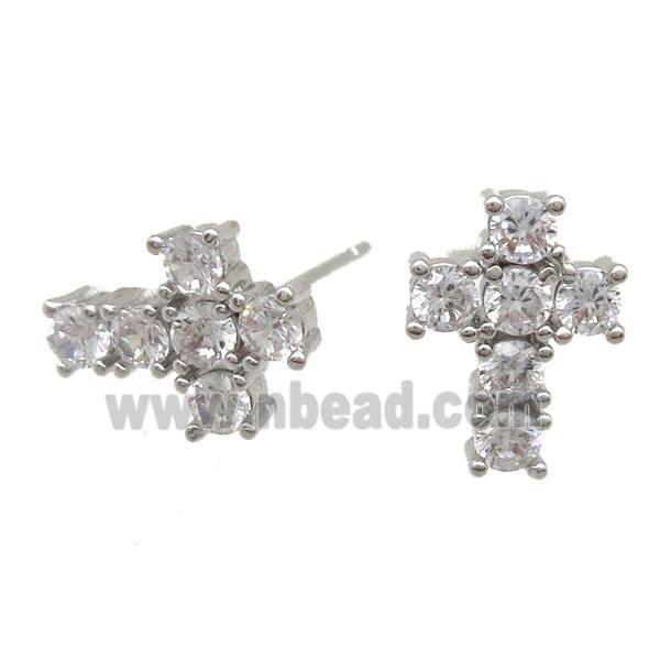 copper studs Earring paved zircon, cross, platinum plated