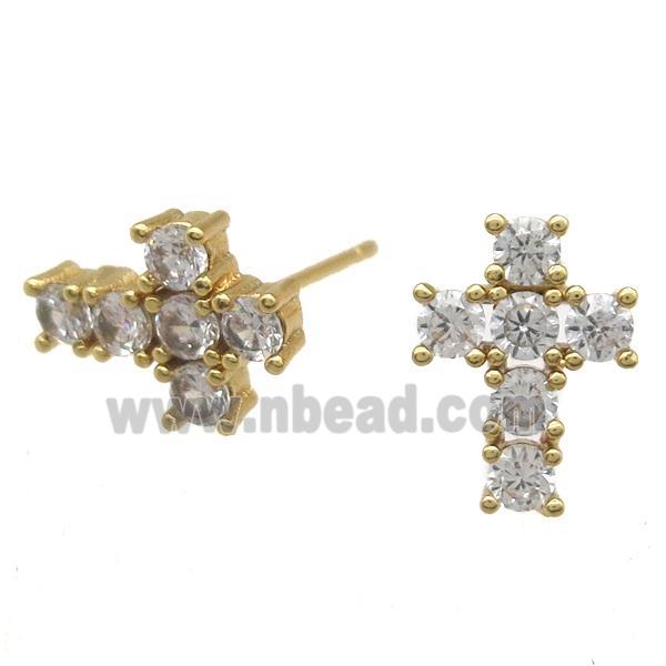 copper studs Earring paved zircon, cross, gold plated