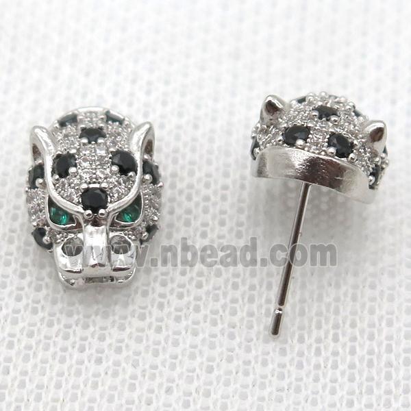 copper studs Earring paved zircon, leopard, platinum plated