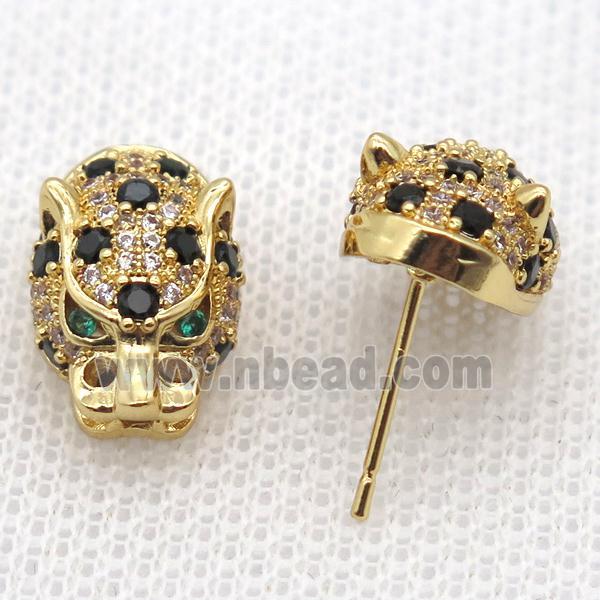 copper studs Earring paved zircon, leopard, gold plated