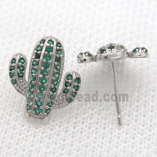 copper studs Earring paved zircon, cactus, platinum plated